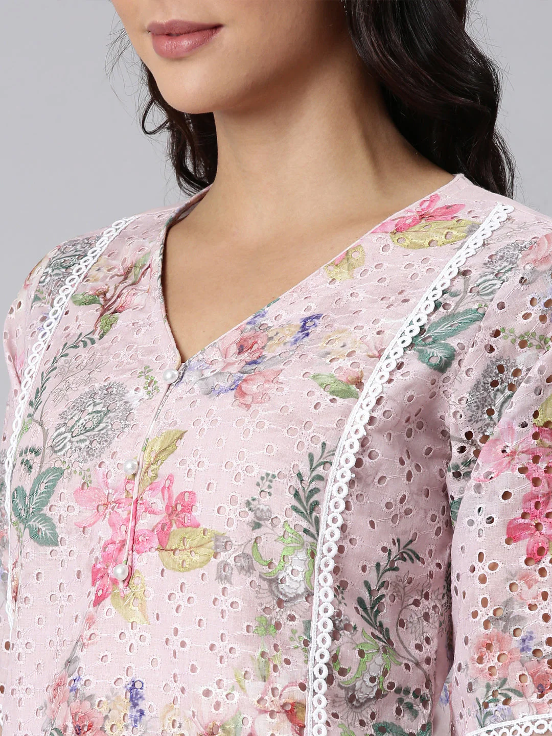 Neerus Pink Panelled Straight Printed Kurta And Trousers With Dupatta - Image 5