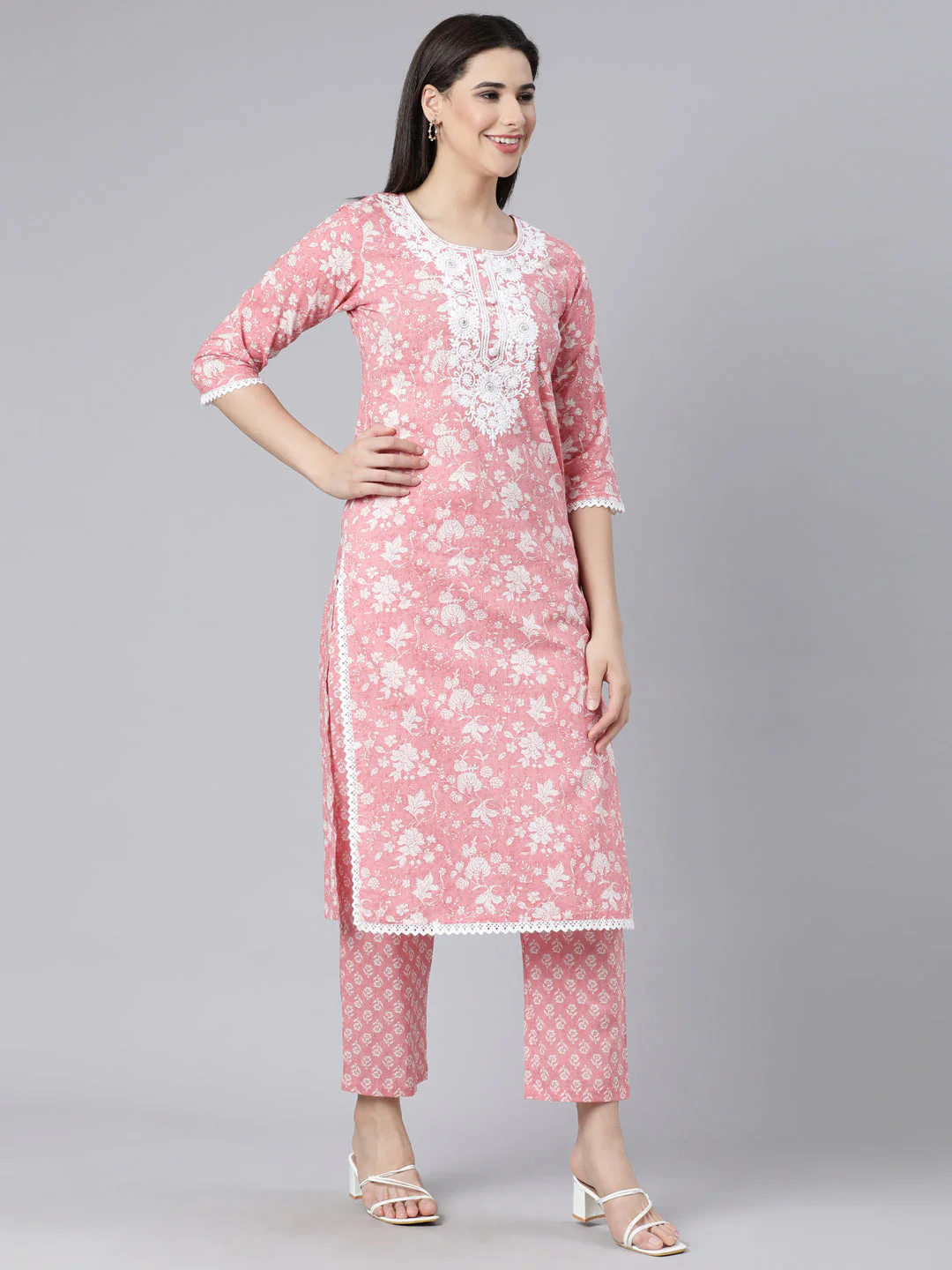 Neerus Pink Panelled Straight Printed Kurta And Trousers With Dupatta - Image 3