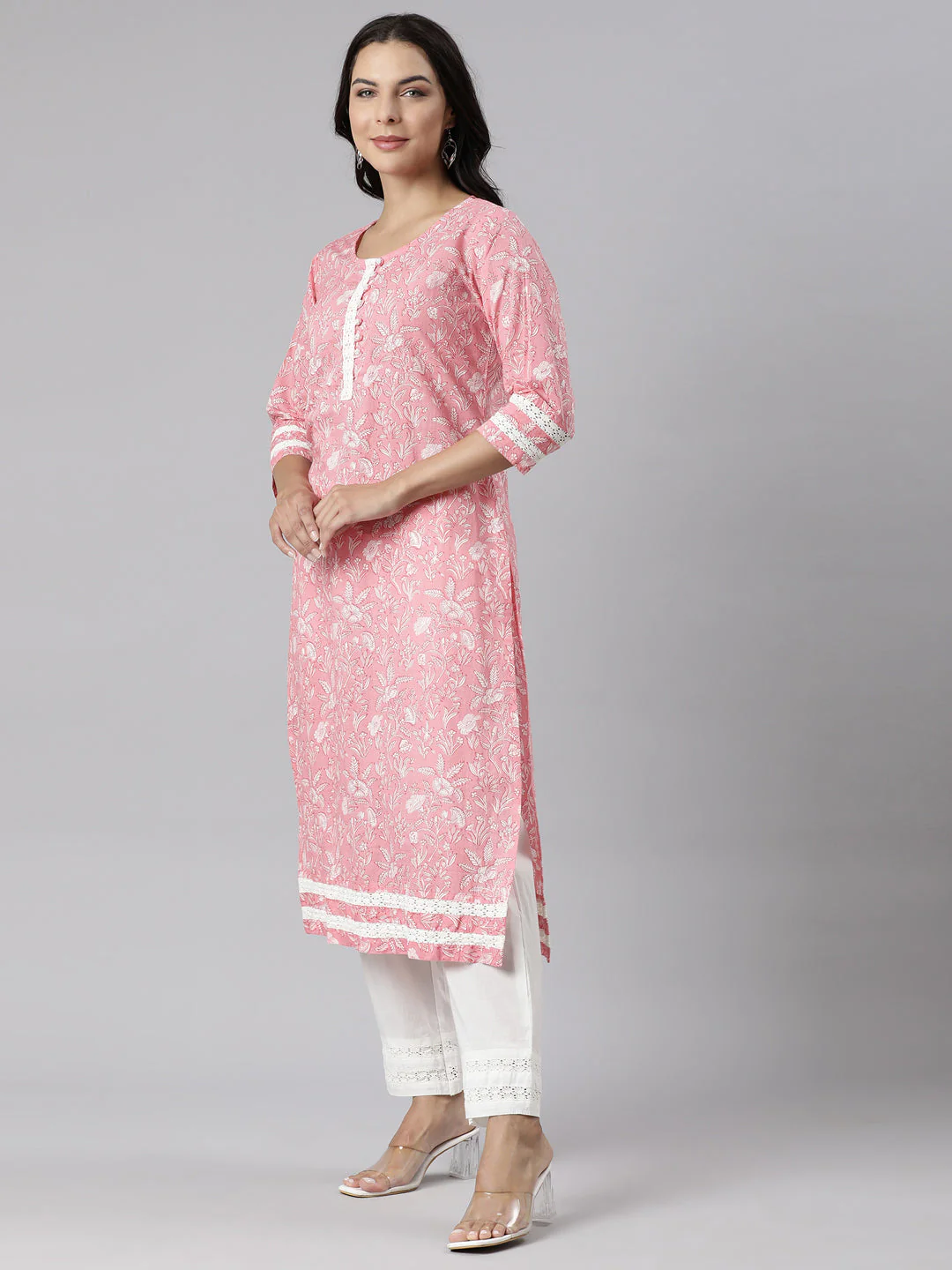 Neerus Pink Panelled Straight Printed Kurta And Trousers With Dupatta - Image 2