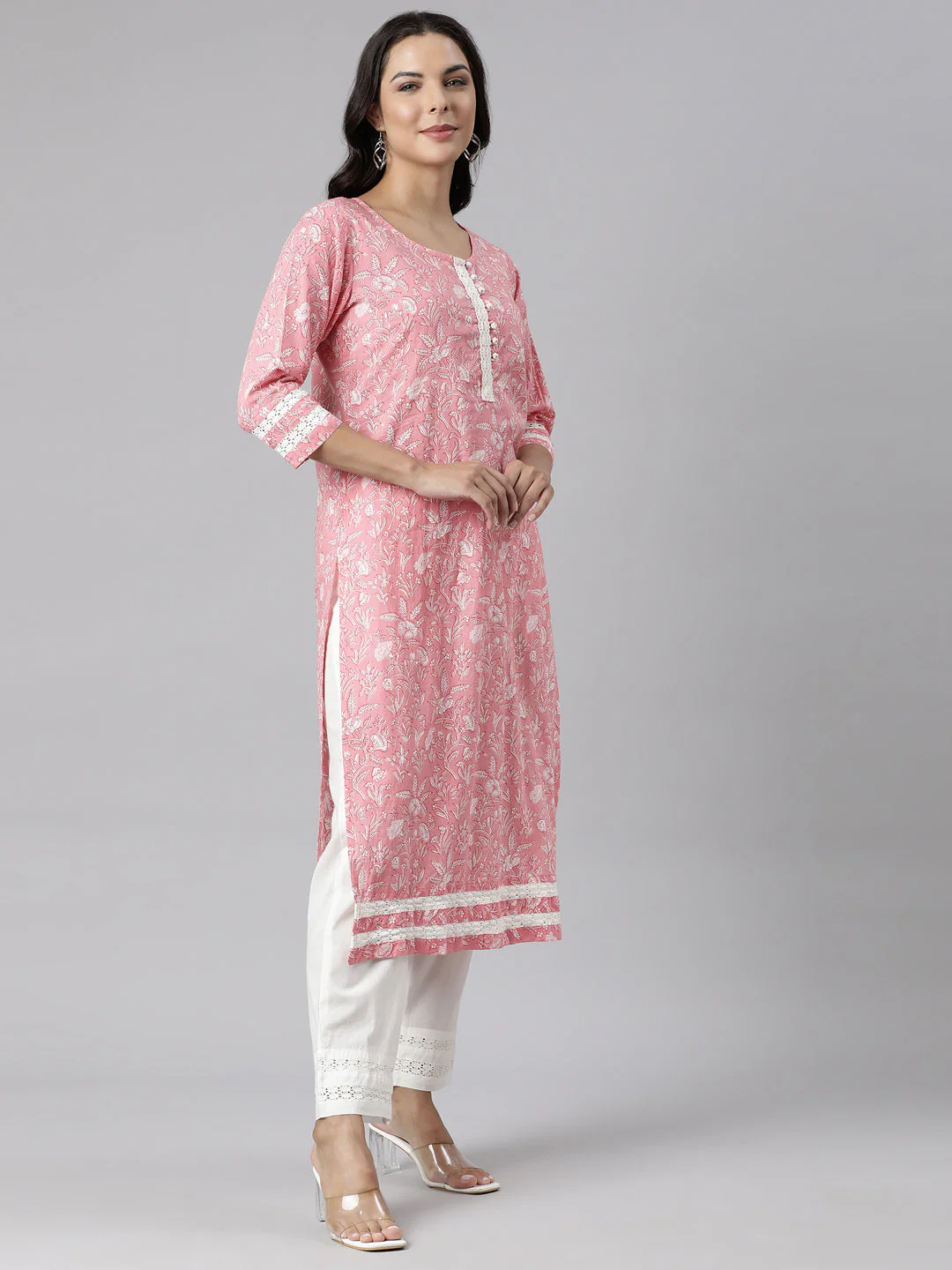 Neerus Pink Panelled Straight Printed Kurta And Trousers With Dupatta - Image 3