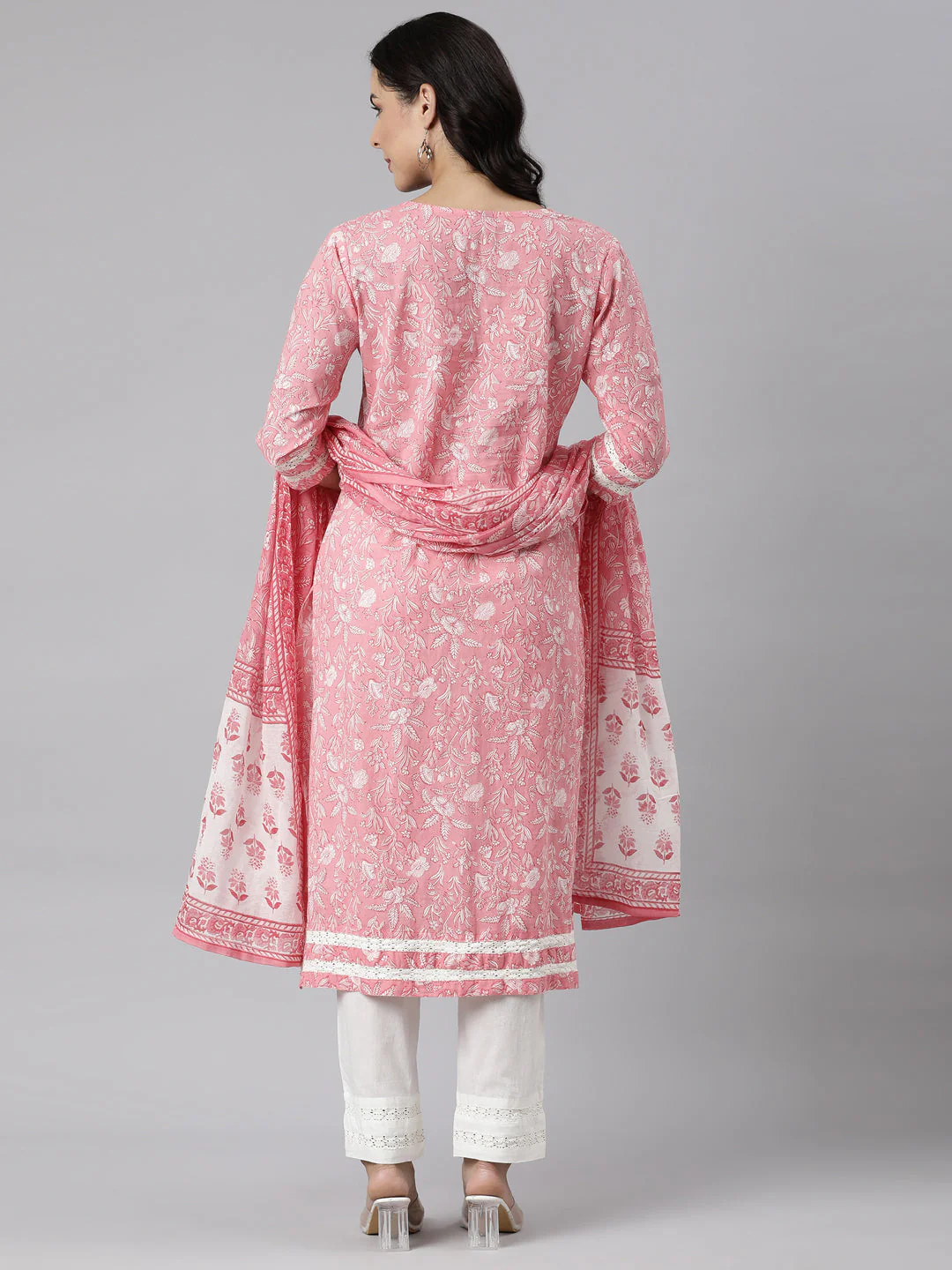 Neerus Pink Panelled Straight Printed Kurta And Trousers With Dupatta - Image 4