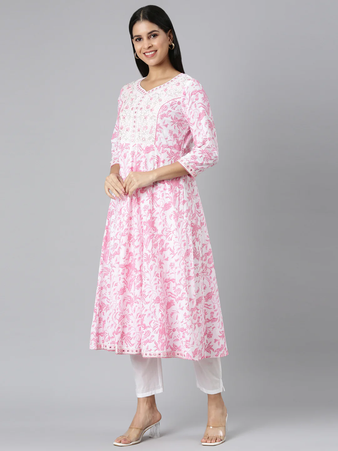 Neerus Pink Panelled Straight Printed Kurta and Trousers With Dupatta - Image 2