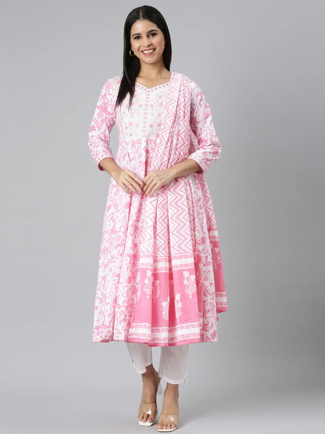 Neerus Pink Panelled Straight Printed Kurta and Trousers With Dupatta - Image 5