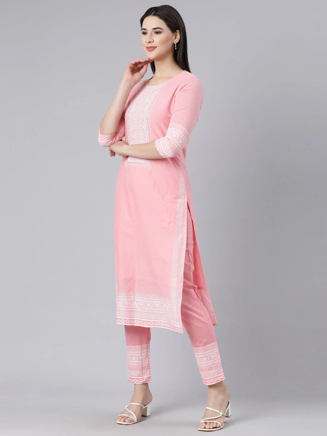 Neerus Pink Panelled Straight Printed Kurta And Trousers With Dupatta - Image 2