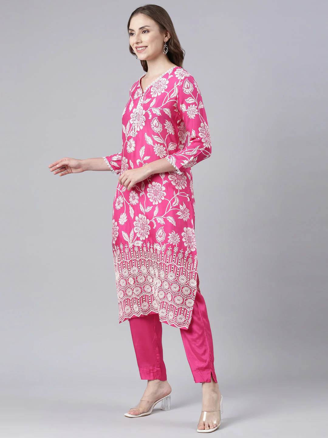 Neerus Pink Panelled Straight Printed Kurta And Trousers With Dupatta - Image 2