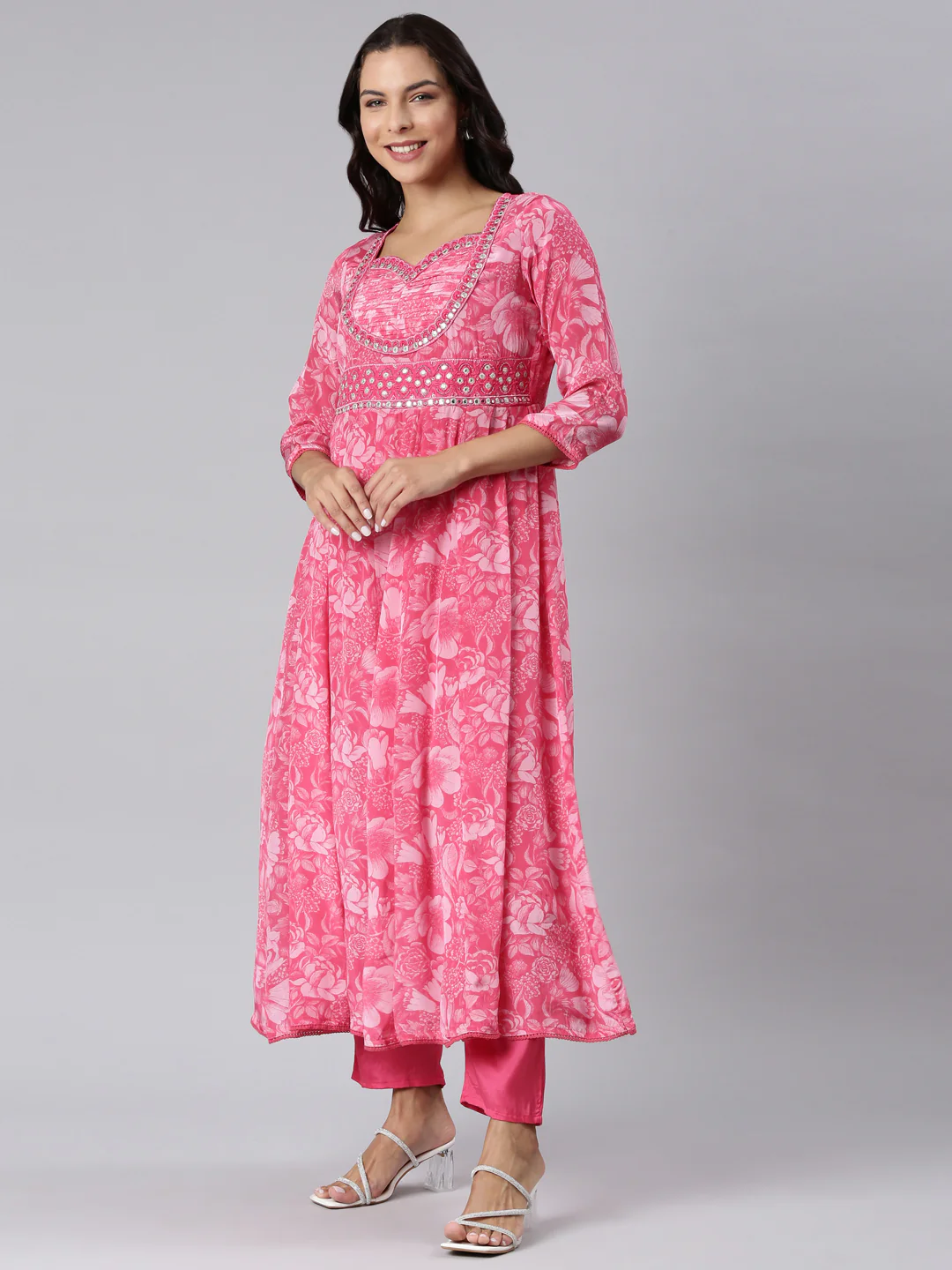 Neerus Pink Panelled Printed Kurta And Trousers With Dupatta - Image 2