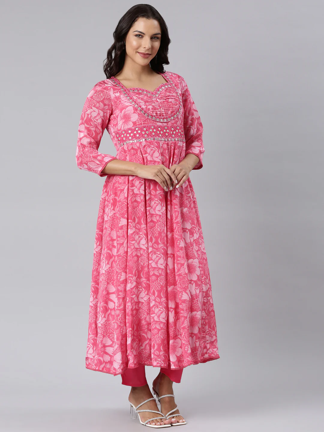 Neerus Pink Panelled Printed Kurta And Trousers With Dupatta - Image 3