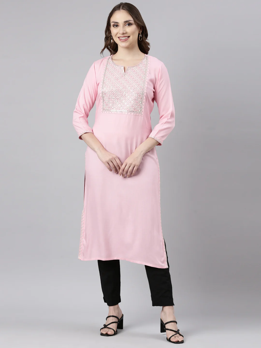 Neerus Pink Panelled Straight Solid Kurta