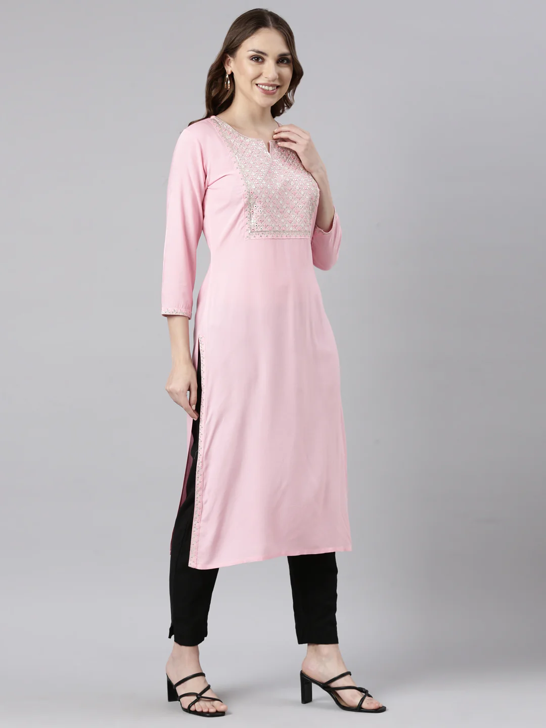 Neerus Pink Panelled Straight Solid Kurta - Image 2