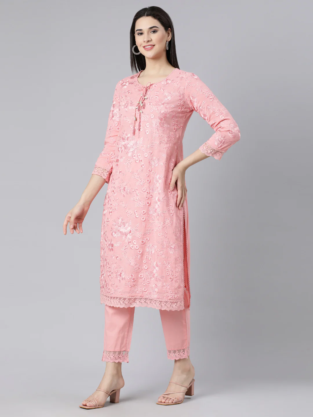 Neerus Pink Panelled Straight Yoke Design Kurta And Trousers With Dupatta - Image 2