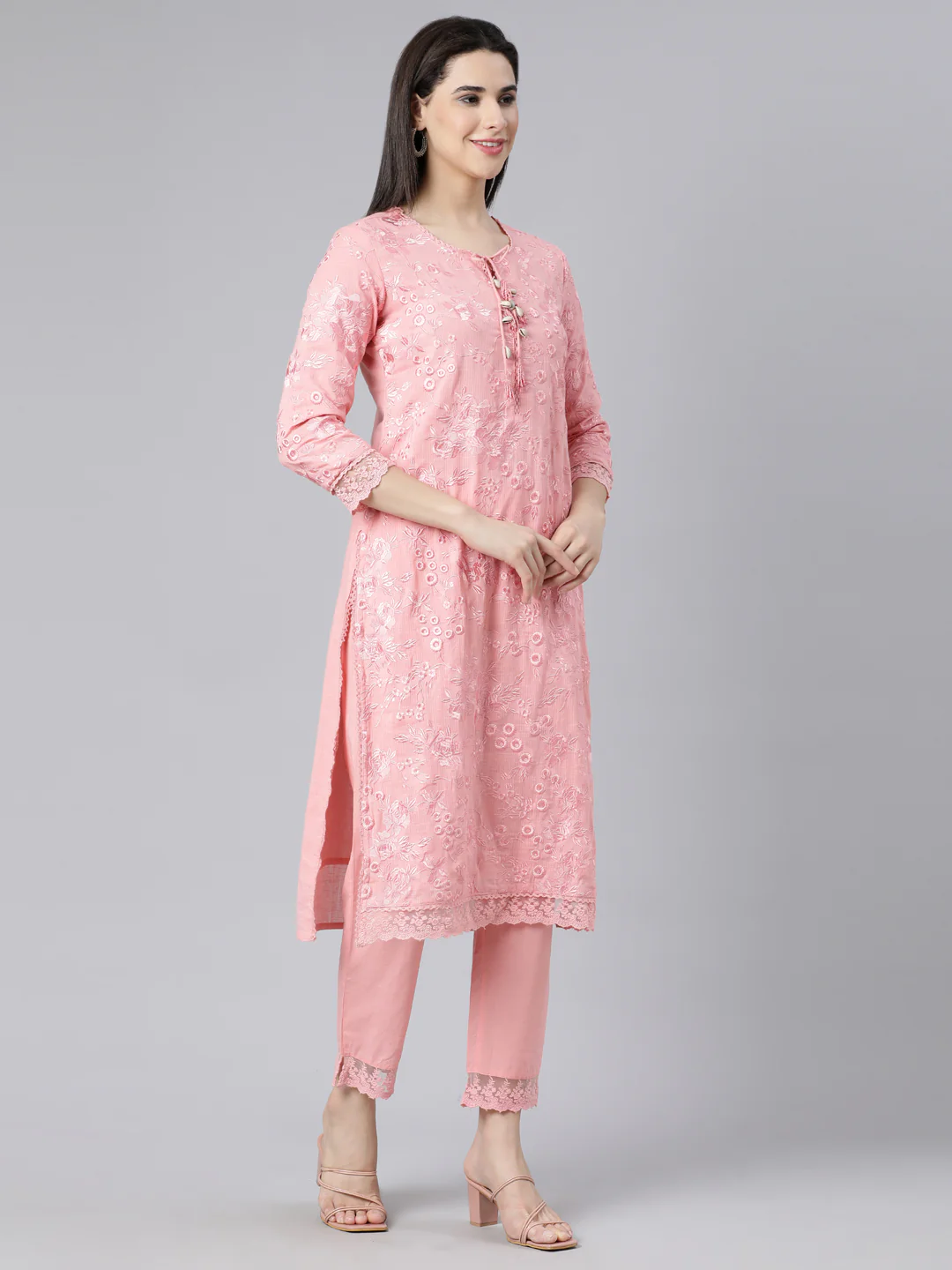 Neerus Pink Panelled Straight Yoke Design Kurta And Trousers With Dupatta - Image 3