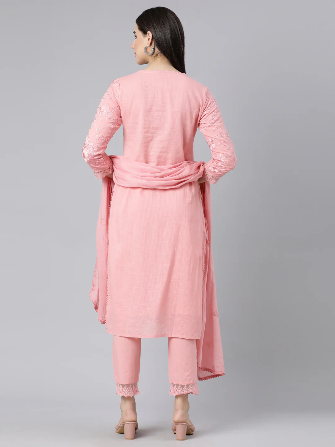 Neerus Pink Panelled Straight Yoke Design Kurta And Trousers With Dupatta - Image 4