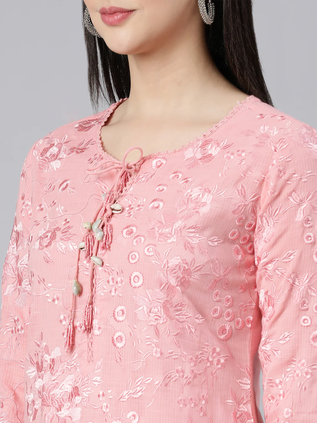 Neerus Pink Panelled Straight Yoke Design Kurta And Trousers With Dupatta - Image 5