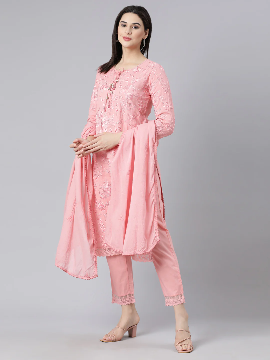Neerus Pink Panelled Straight Yoke Design Kurta And Trousers With Dupatta - Image 6
