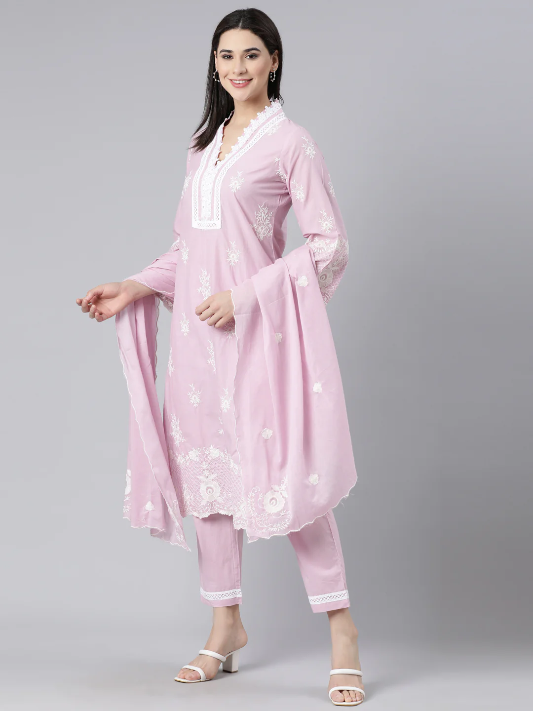 Neerus Pink Panelled Straight Yoke Design Kurta And Trousers With Dupatta - Image 6