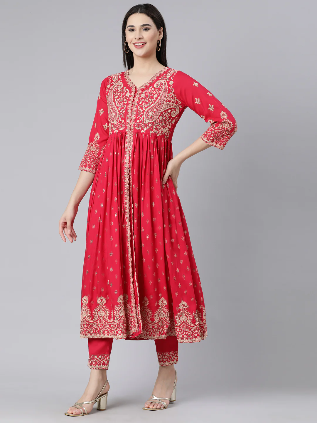 Neerus Pink Panelled Straight Yoke Design Kurta And Trousers With Dupatta - Image 2