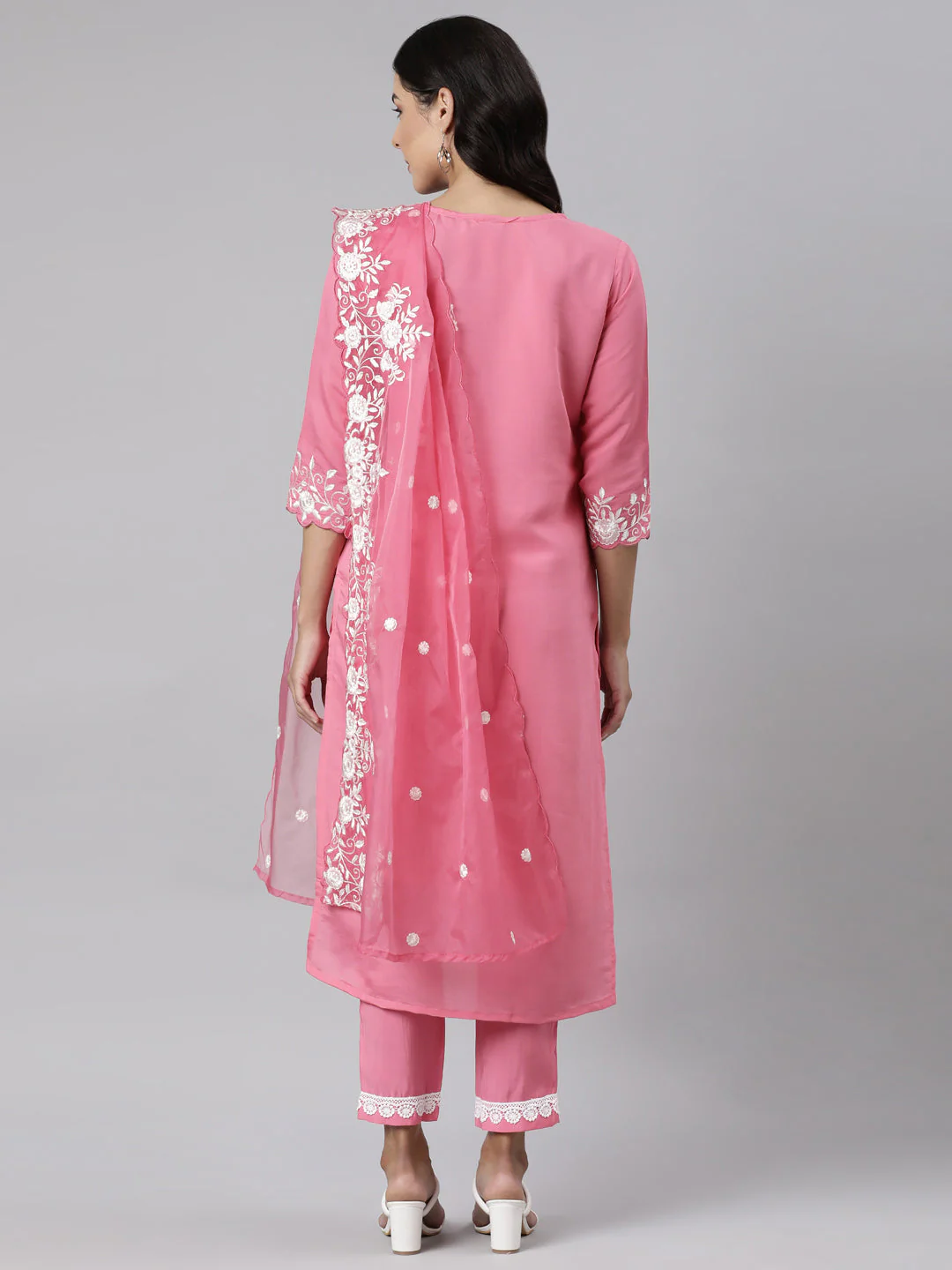 Neerus Pink Panelled Straight Yoke Design Kurta And Trousers With Dupatta - Image 4