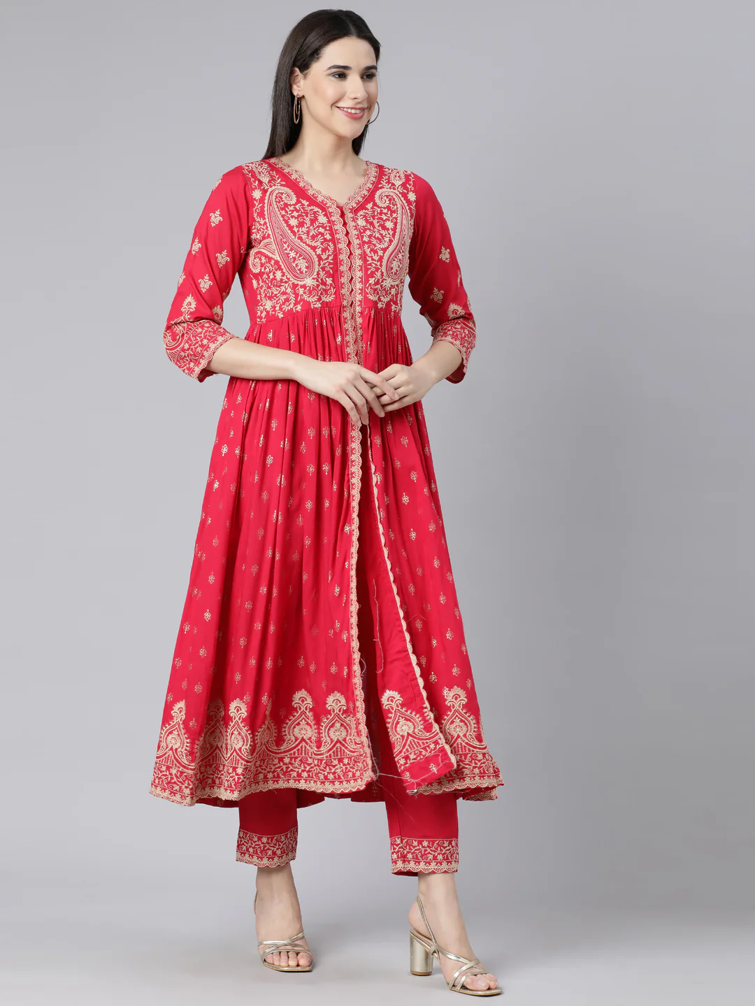 Neerus Pink Panelled Straight Yoke Design Kurta And Trousers With Dupatta - Image 3