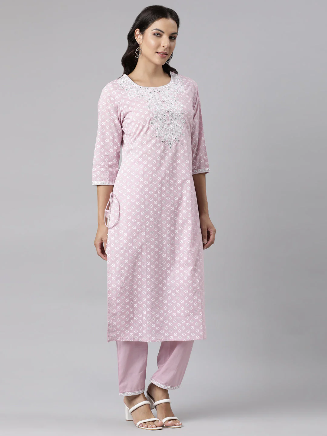 Neerus Pink Panelled Straight Yoke Design Kurta And Trousers With Dupatta - Image 3
