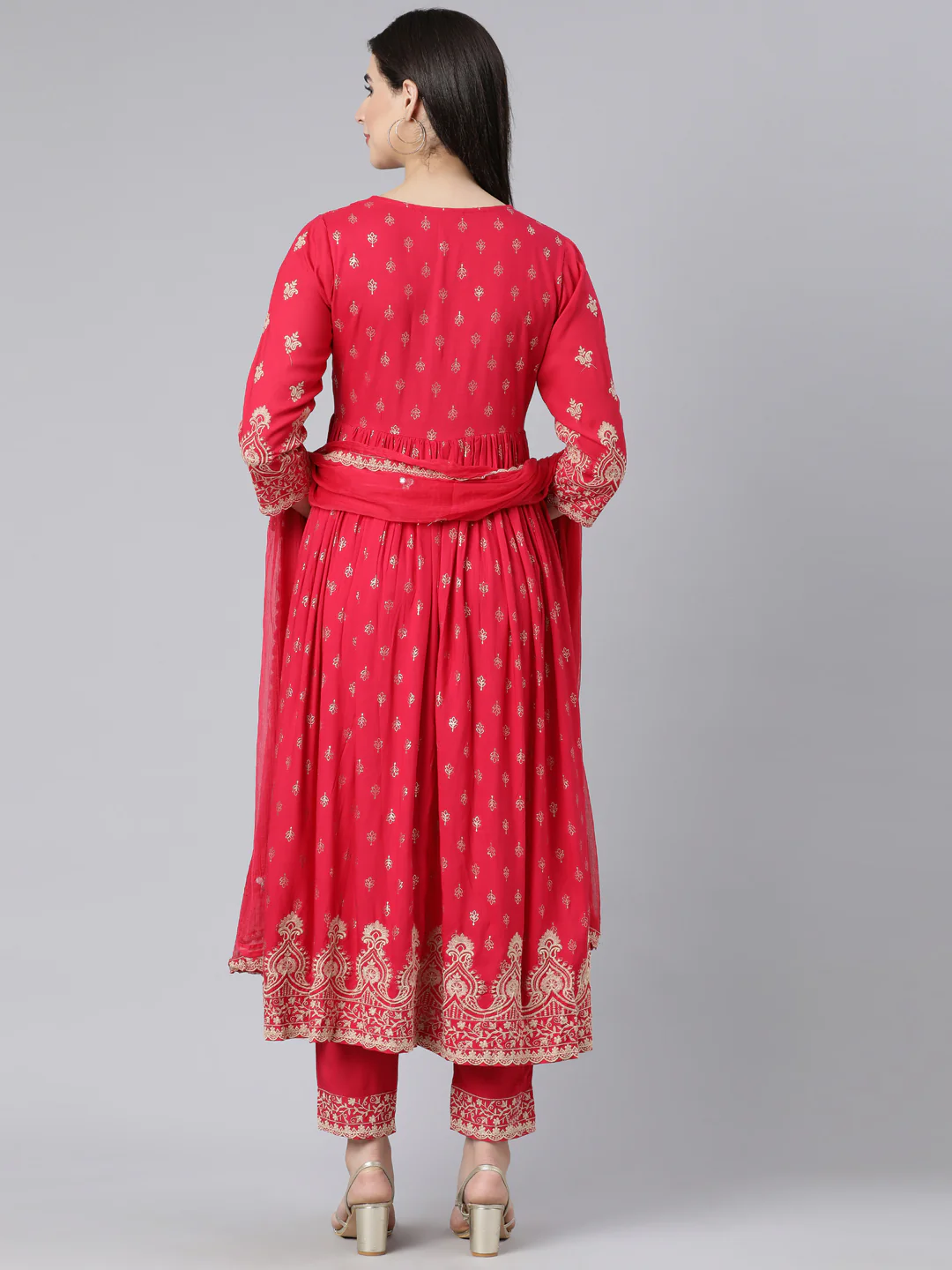 Neerus Pink Panelled Straight Yoke Design Kurta And Trousers With Dupatta - Image 4