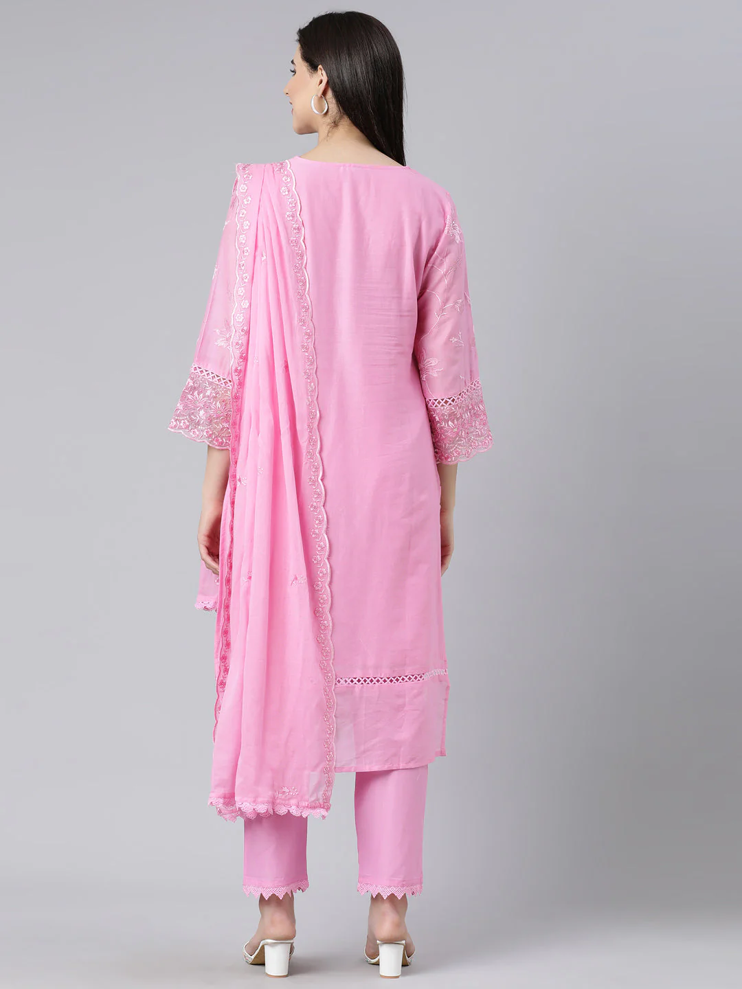 Neerus Pink Panelled Straight Yoke Design Kurta And Trousers With Dupatta - Image 4