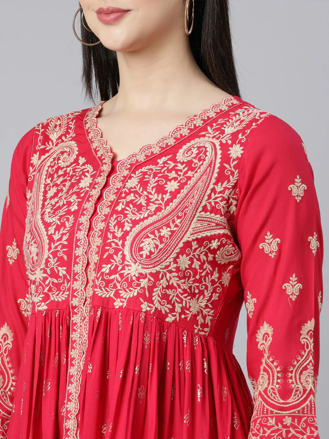 Neerus Pink Panelled Straight Yoke Design Kurta And Trousers With Dupatta - Image 8