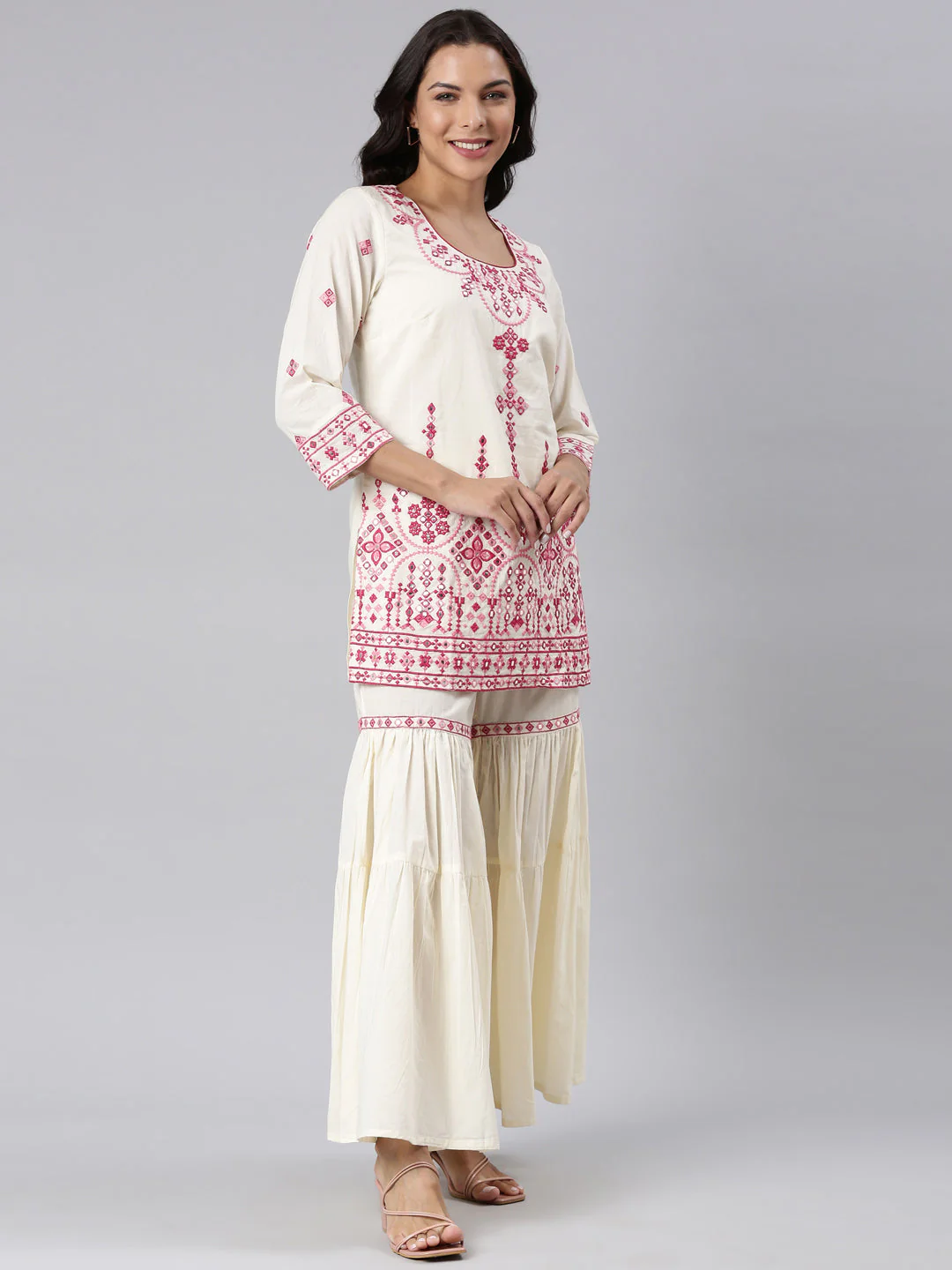 Neerus Pink Panelled Straight Yoke Design Kurti And Sharara With Dupatta - Image 3