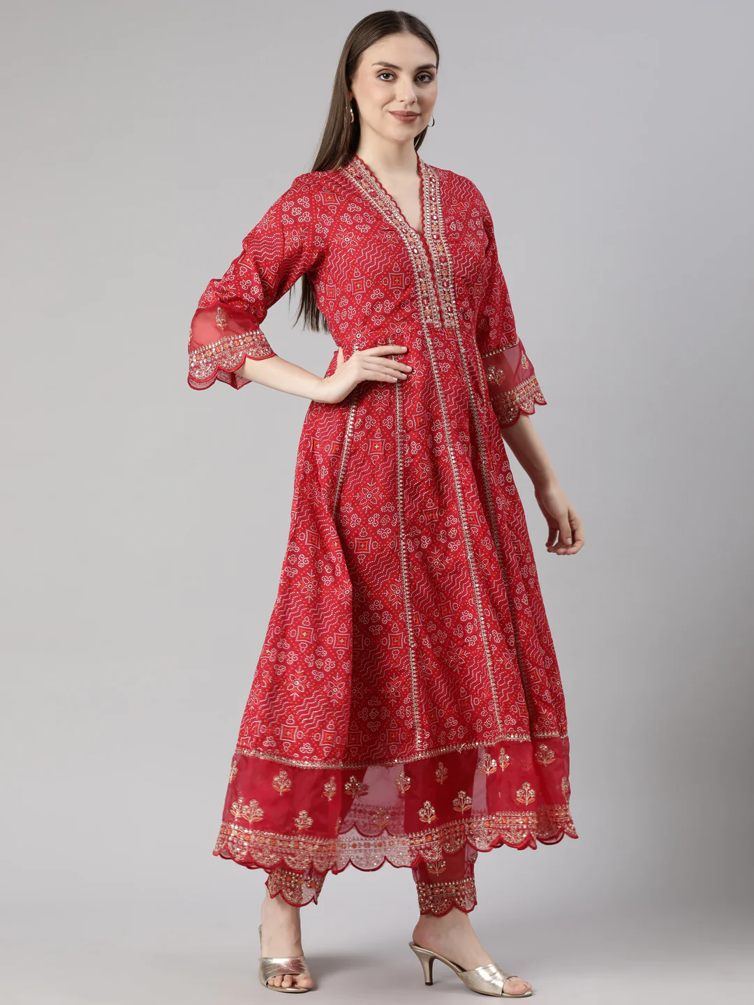 Neerus Pink Pleated Flared Bandhani Kurta And  Trousers With Dupatta - Image 2