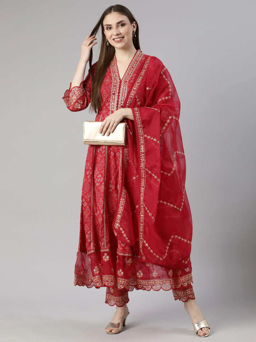 Neerus Pink Pleated Flared Bandhani Kurta And  Trousers With Dupatta - Image 4