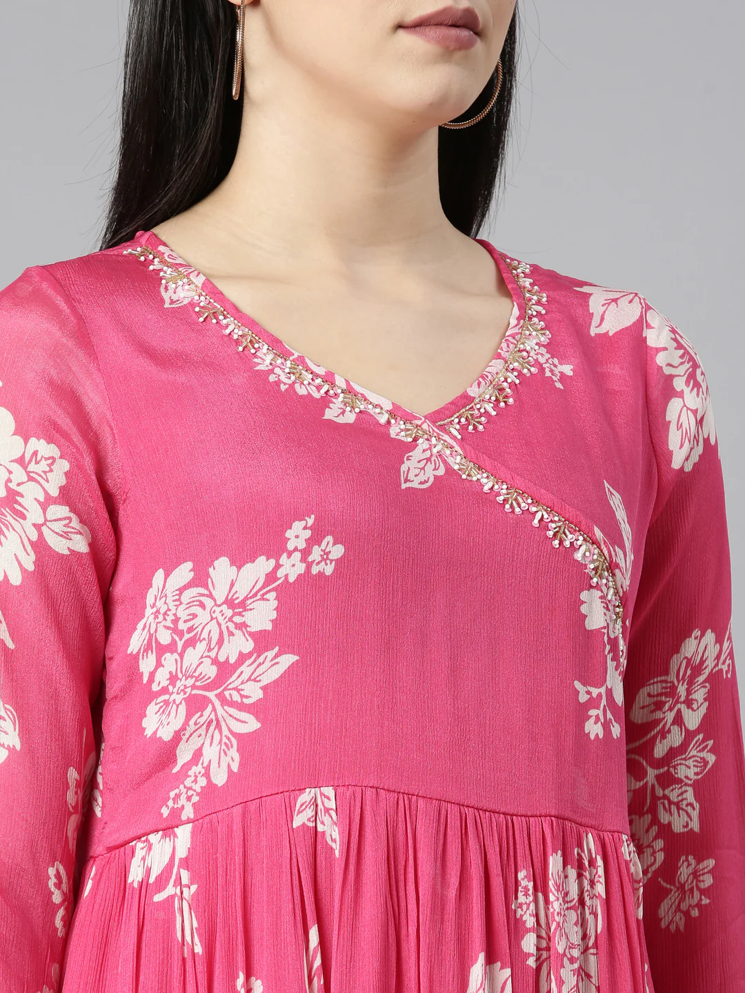 Neerus Pink Pleated Flared Floral Kurta And Trousers With Dupatta - Image 4