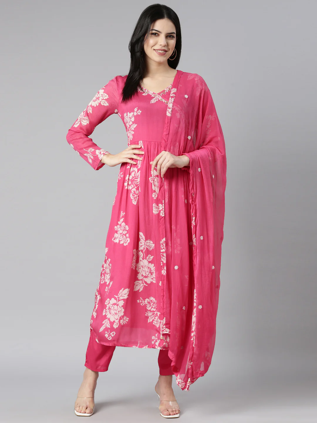 Neerus Pink Pleated Flared Floral Kurta And Trousers With Dupatta - Image 5