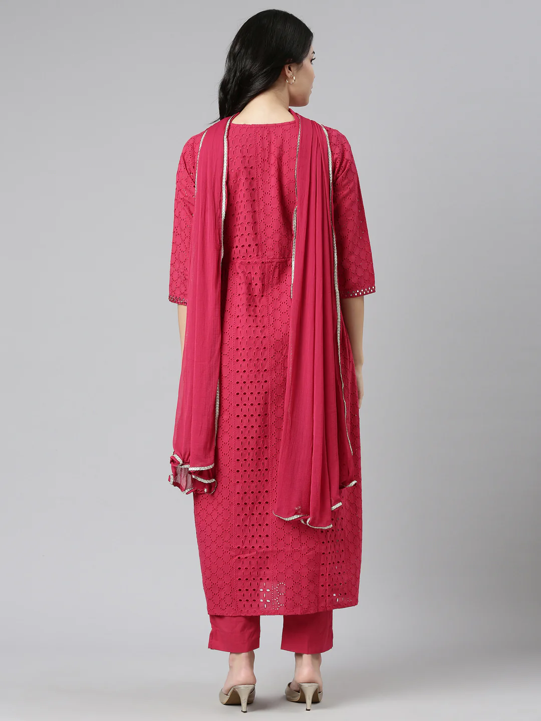 Neerus Pink Pleated Straight Embroidered Kurta And Trousers With Dupatta - Image 3