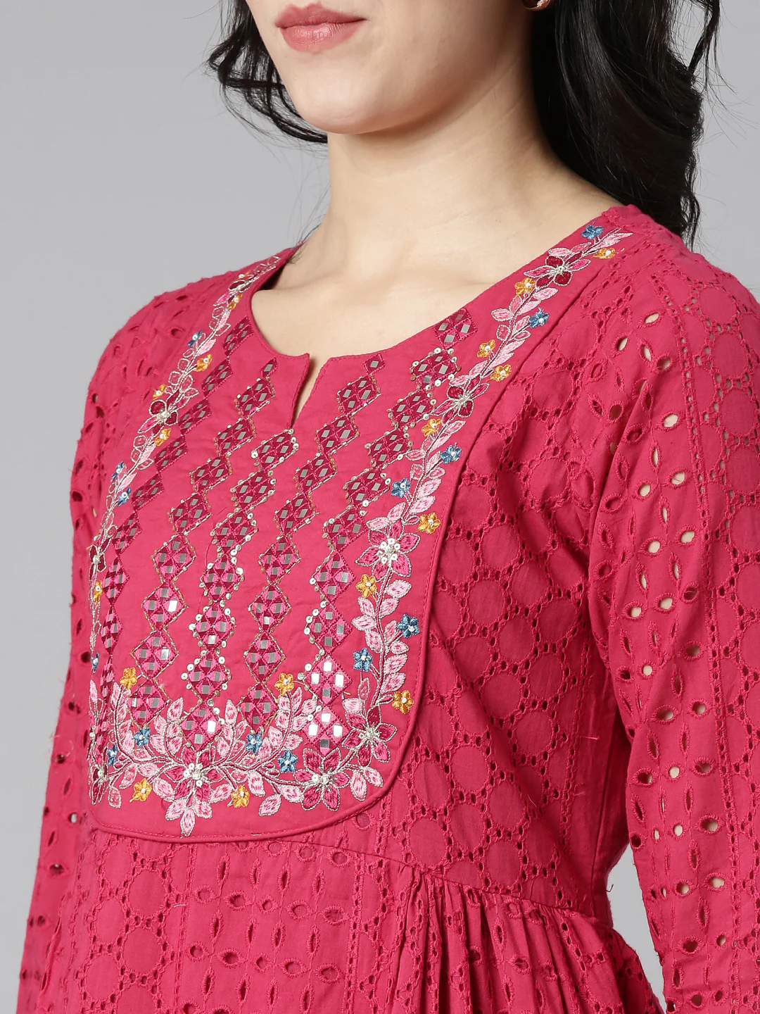 Neerus Pink Pleated Straight Embroidered Kurta And Trousers With Dupatta - Image 4
