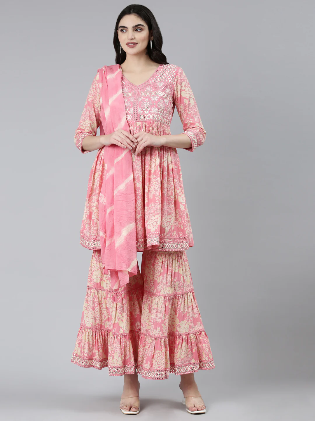 Neerus Pink Pleated Straight Floral Kurta Sets And Sharara With Dupatta