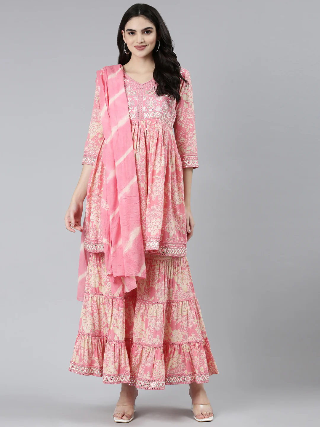 Neerus Pink Pleated Straight Floral Kurta Sets And Sharara With Dupatta - Image 5