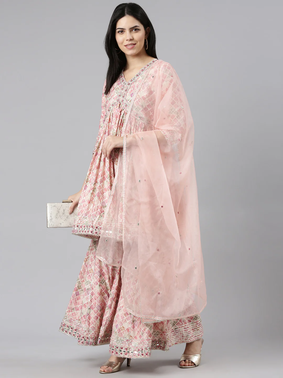 Neerus Pink Pleated Straight Printed Kurta And Sharara With Dupatta - Image 5