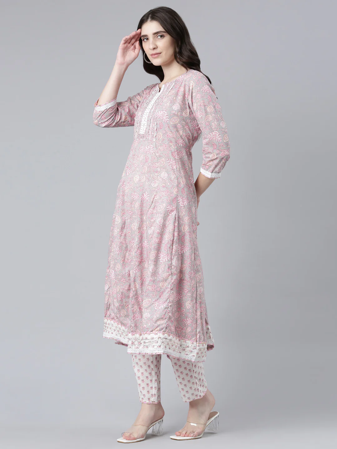 Neerus Pink Pleated Straight Printed Kurta And Trousers With Dupatta - Image 2