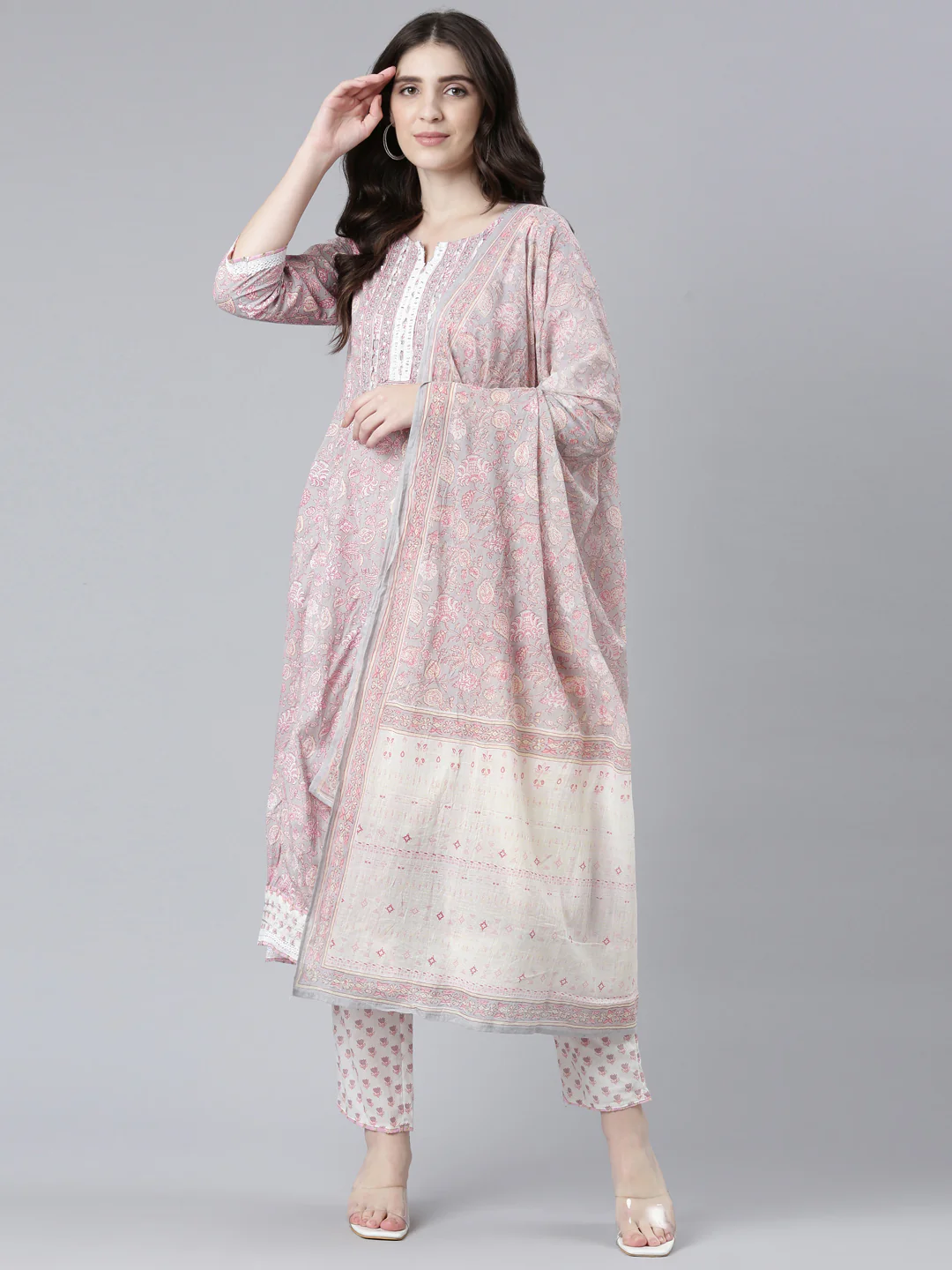 Neerus Pink Pleated Straight Printed Kurta And Trousers With Dupatta - Image 5