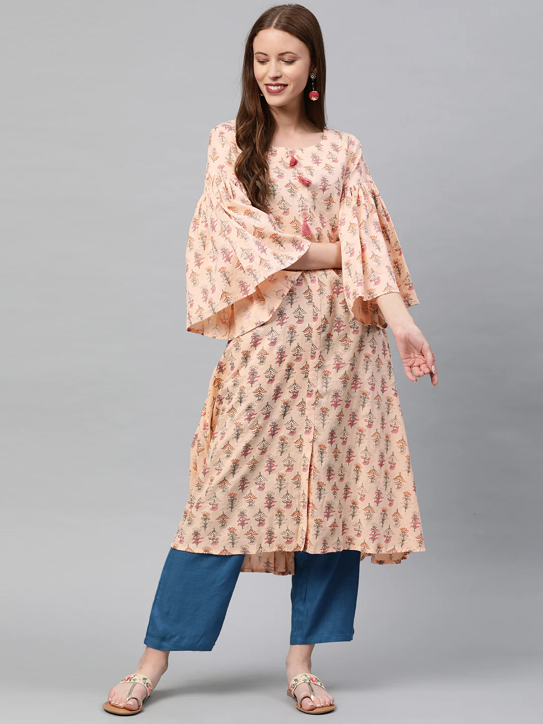 Neerus Pink Printed A Line Kurta