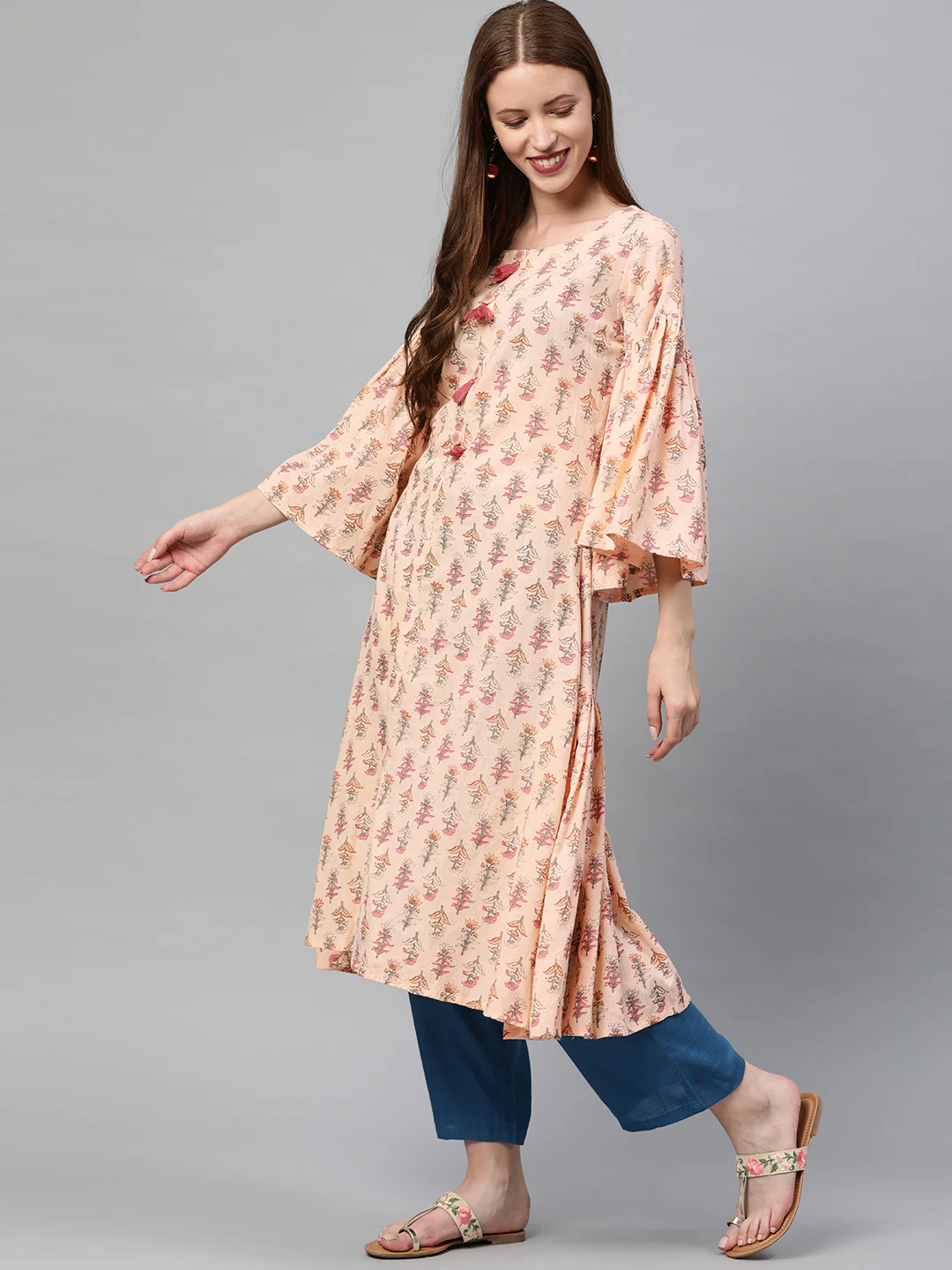 Neerus Pink Printed A Line Kurta - Image 3