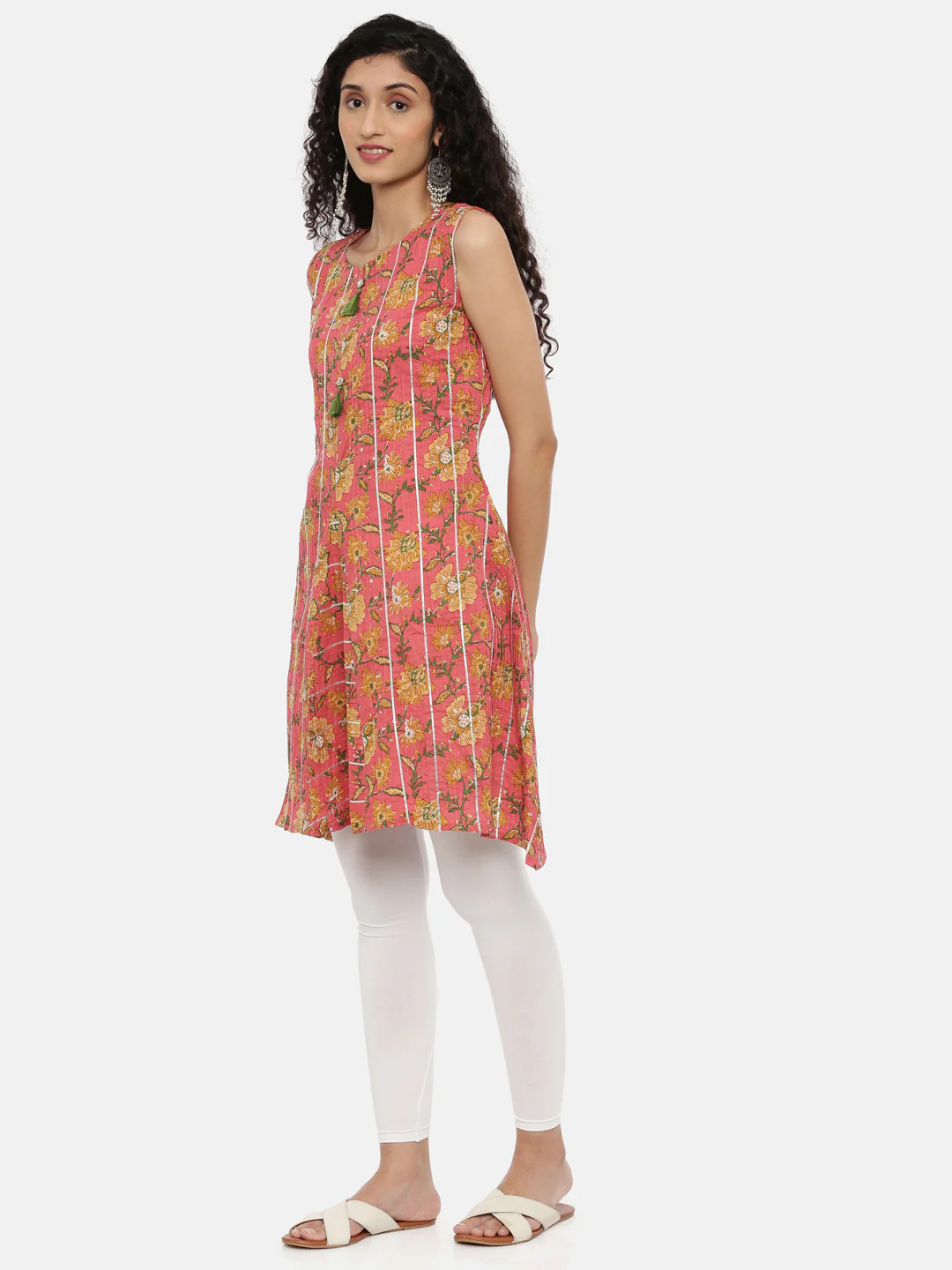 Neerus Pink Printed A Line Kurta With Mask - Image 3