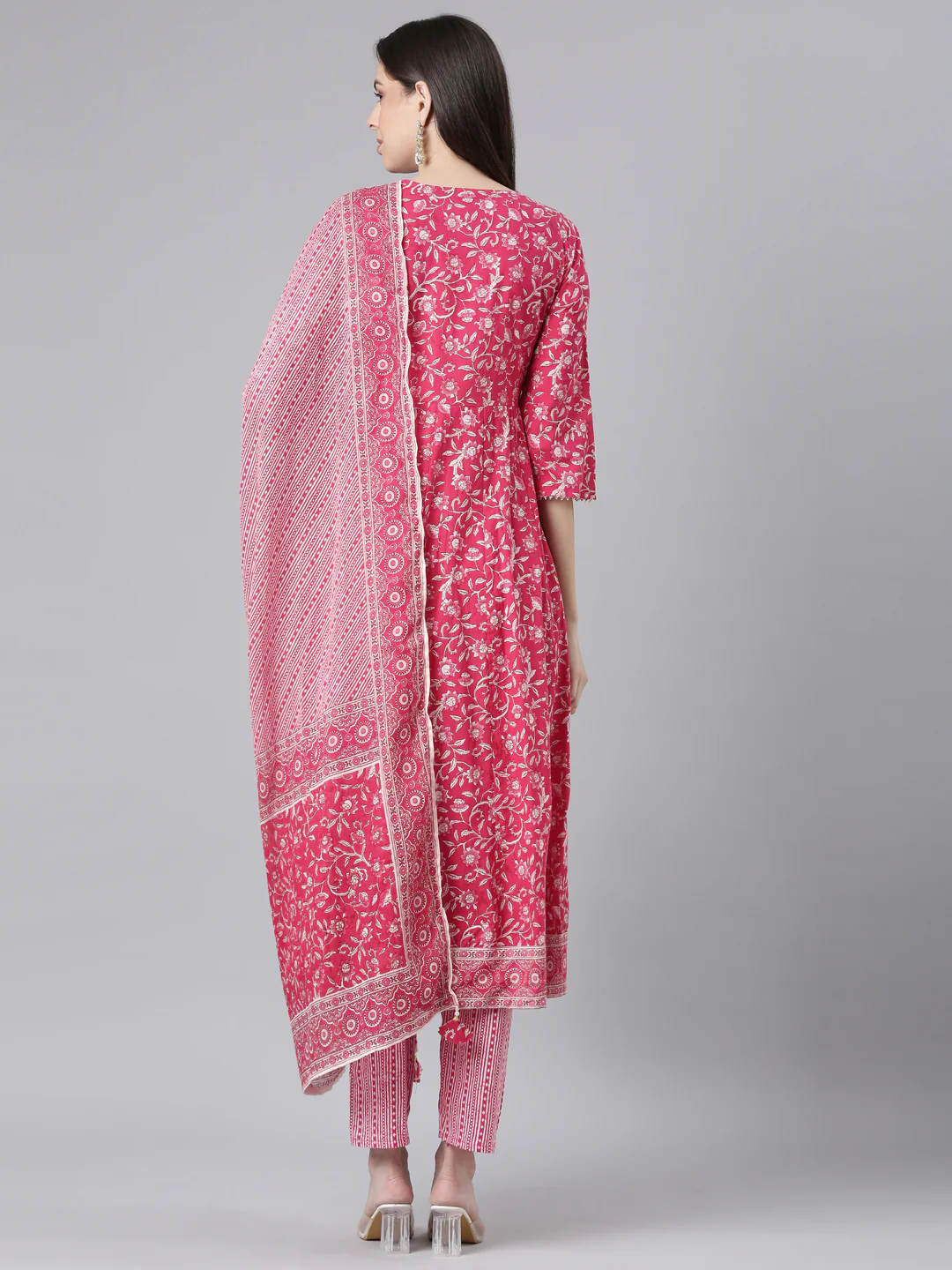 Neerus Pink Printed Anarkali Kurta and Trousers With Dupatta - Image 3