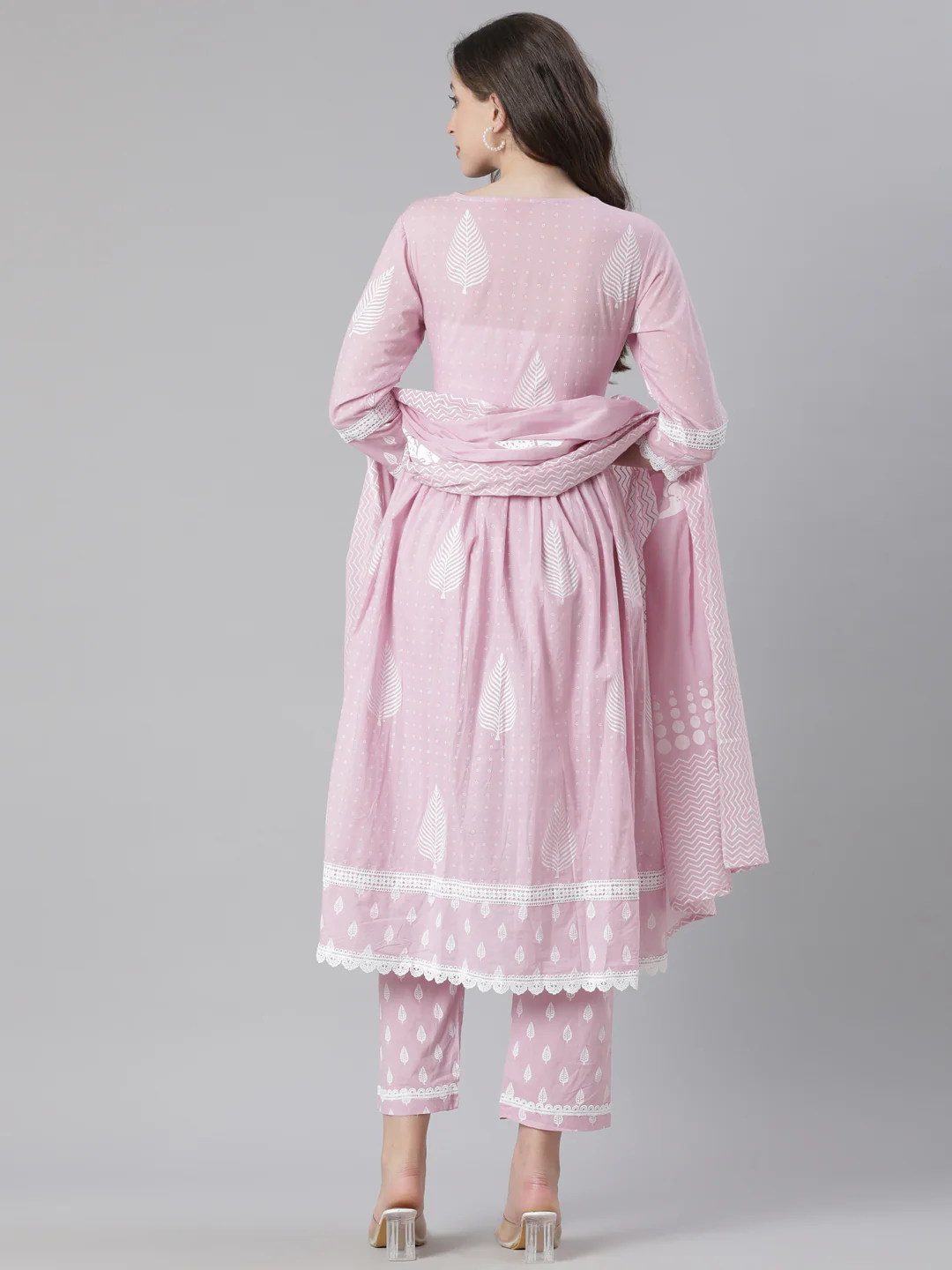Neerus Pink Printed Anarkali Kurta and Trousers With Dupatta - Image 3