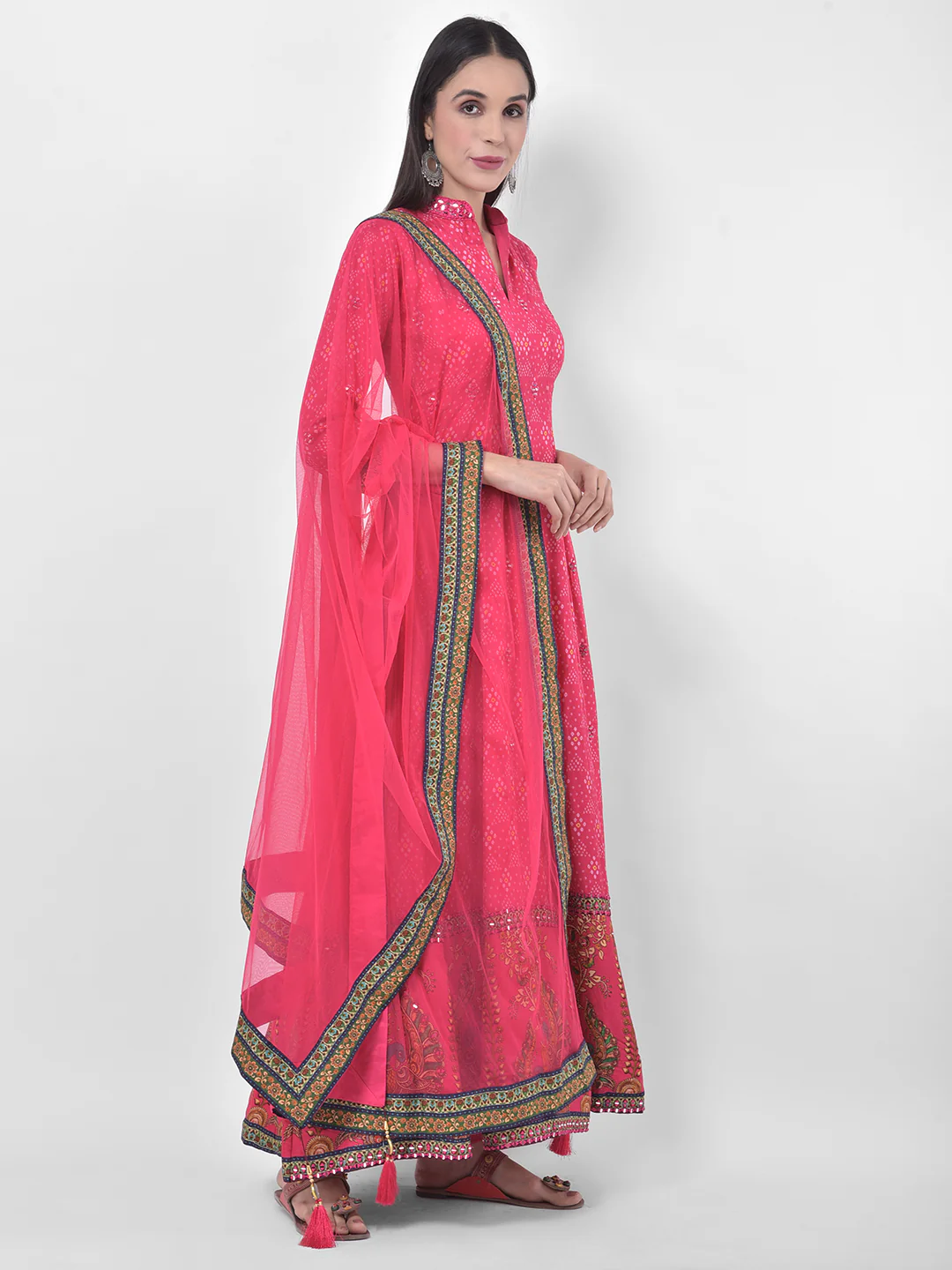 Neerus Pink Printed Anarkali Kurta With Dupatta