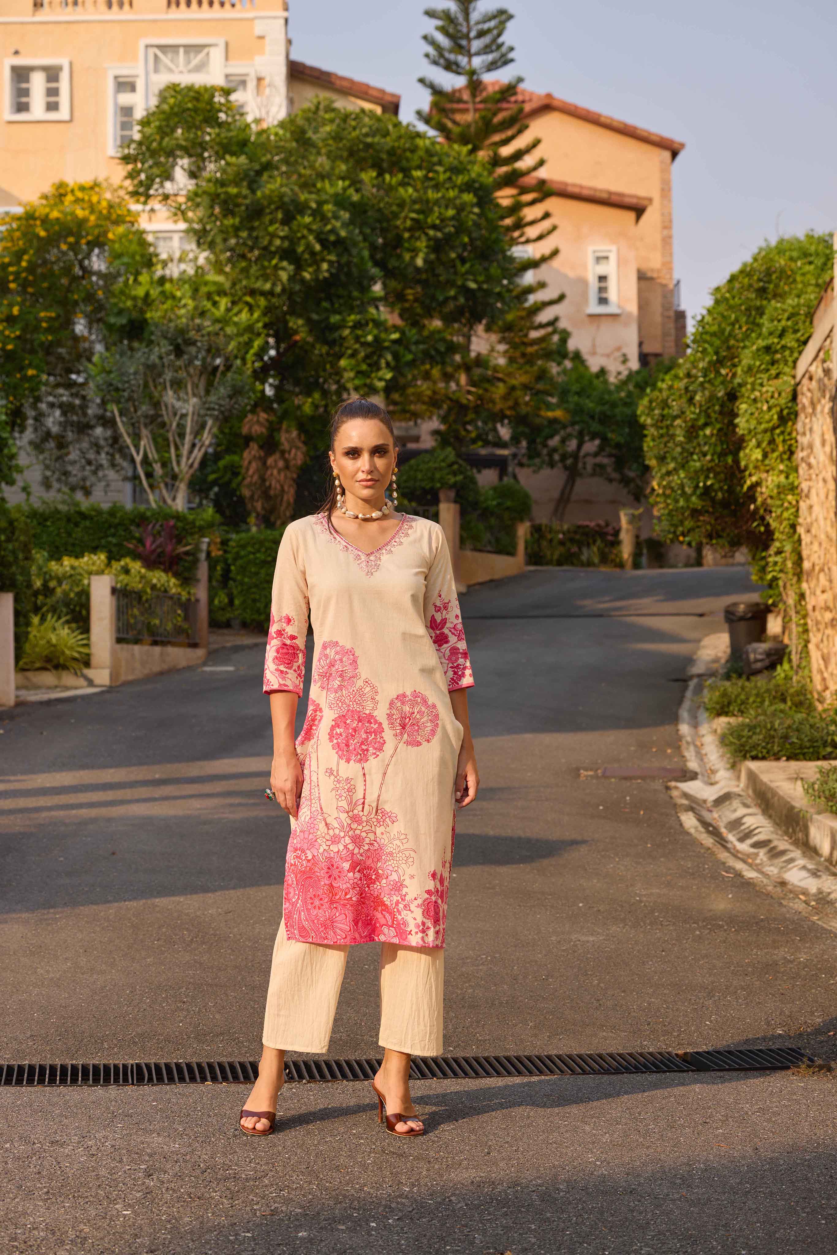 Neerus Pink Printed Straight Kurta and Palazzos - Image 2