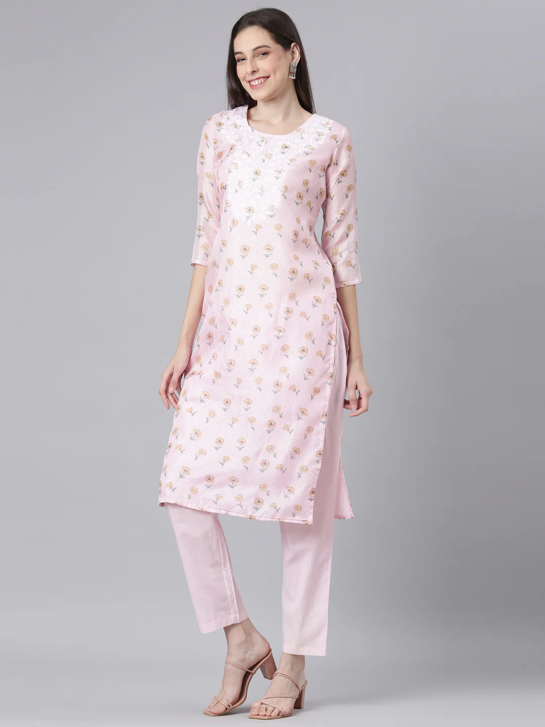 Neerus Pink Printed Straight Kurta and Trousers With Dupatta - Image 2