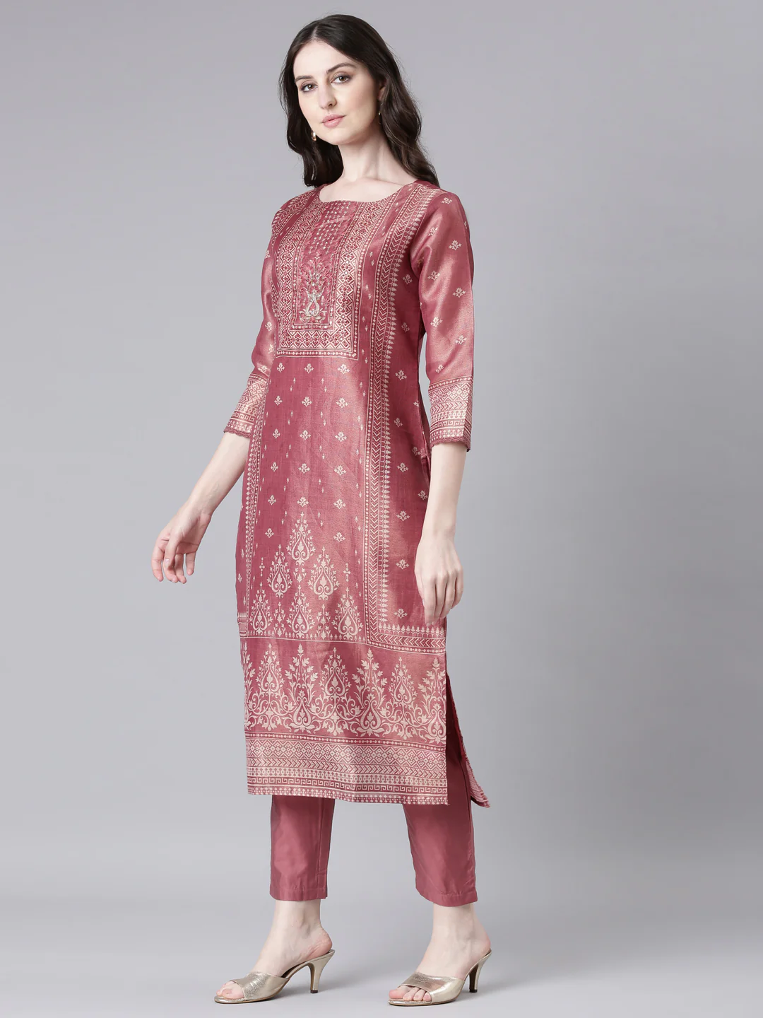 Neerus Pink Printed Straight Kurta and Trousers With Dupatta - Image 2