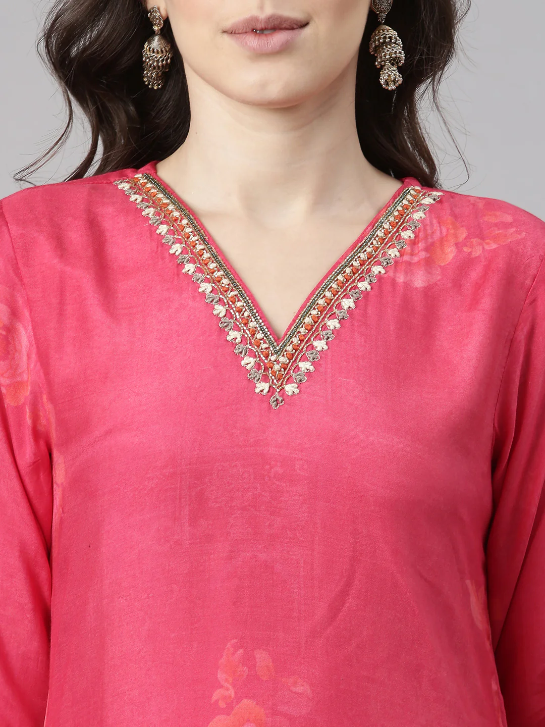 Neerus Pink Printed Straight Kurta and Trousers With Dupatta - Image 4