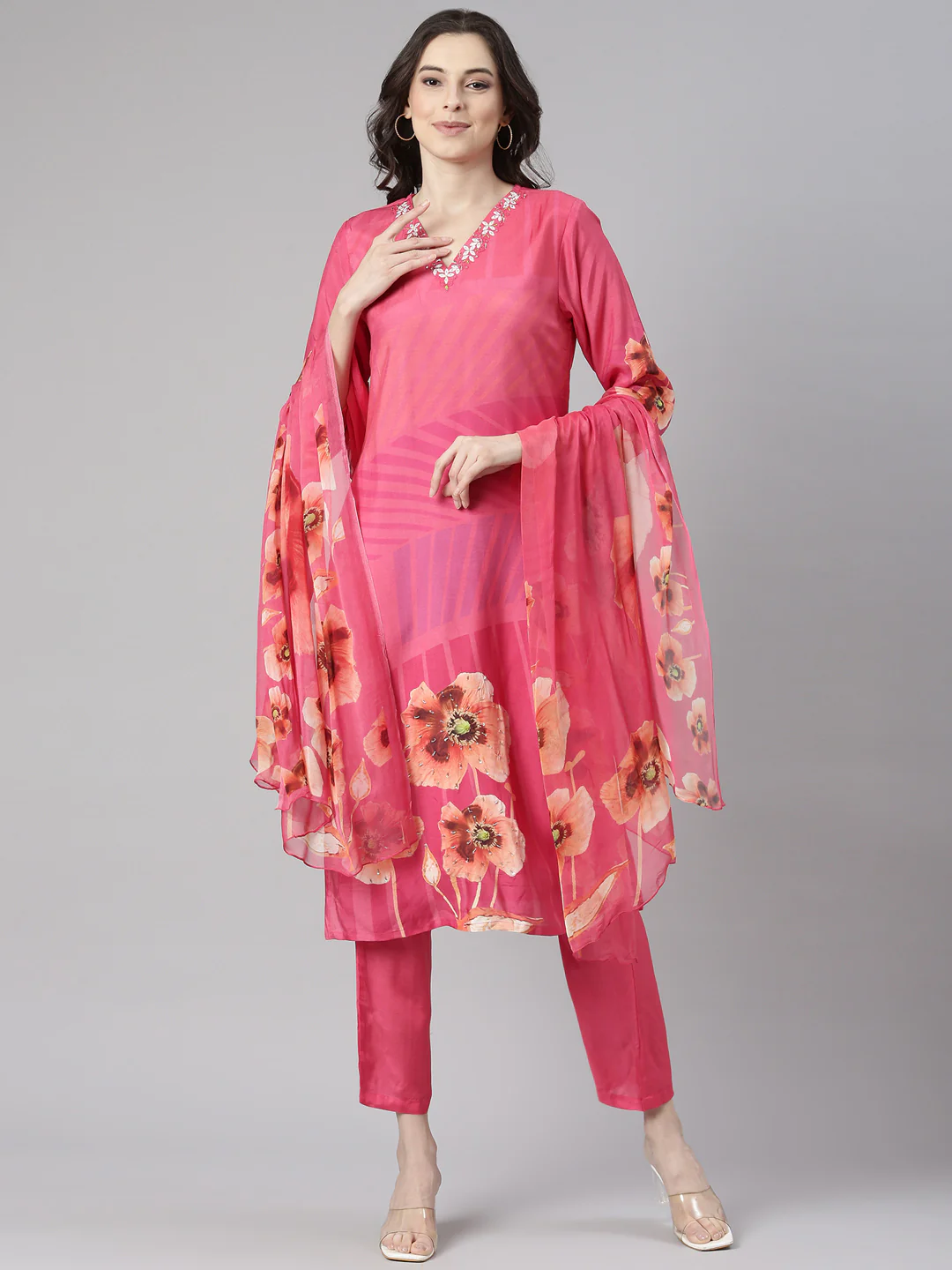 Neerus Pink Printed Straight Kurta and Trousers With Dupatta