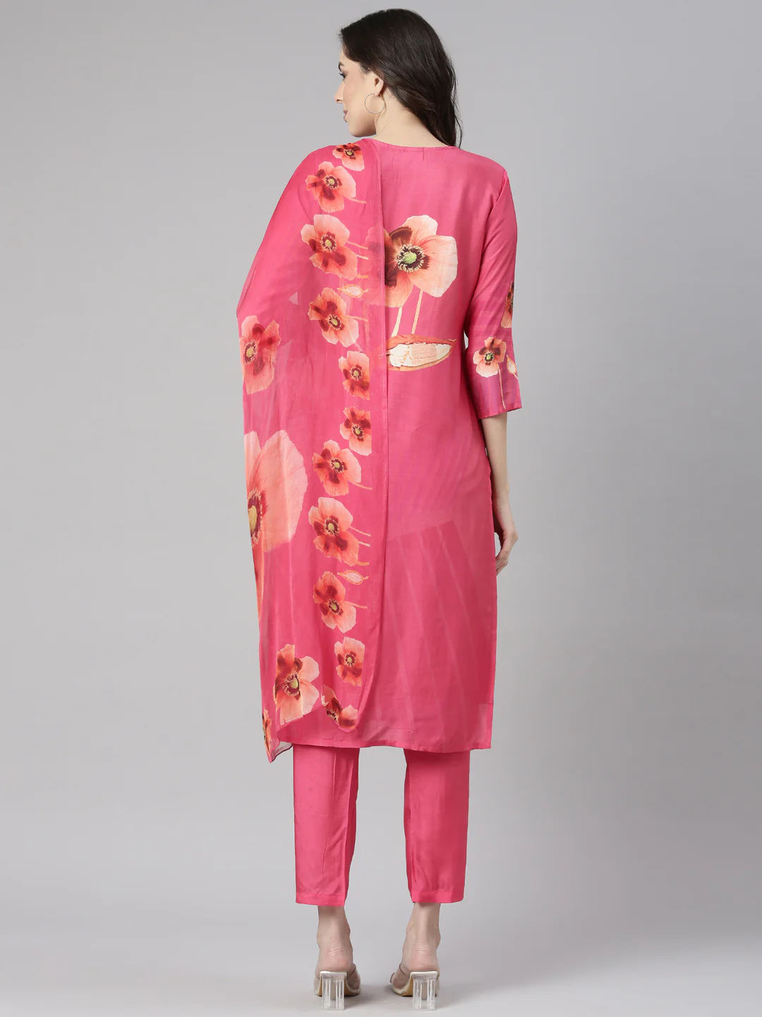 Neerus Pink Printed Straight Kurta and Trousers With Dupatta - Image 3
